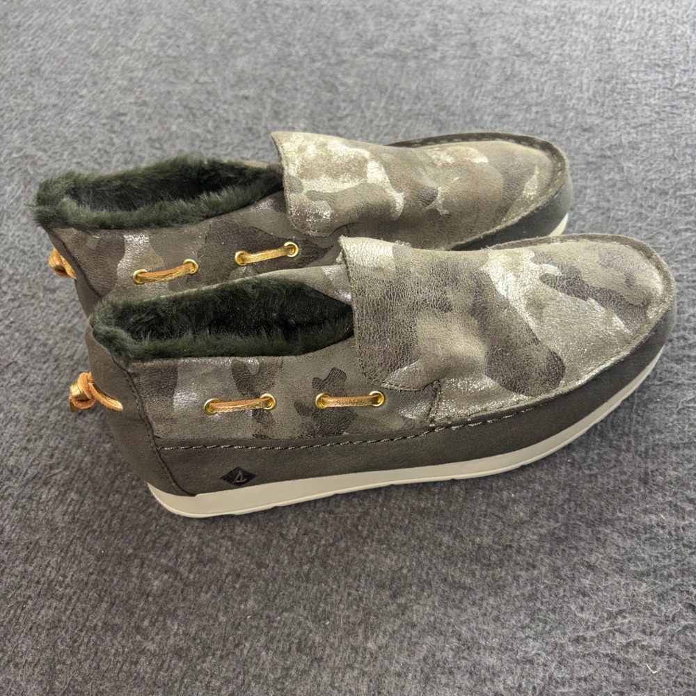 Sperry Women Crest Vibe Camo Moccasin Olive Silver Metallic STS86941 Size 7.5M